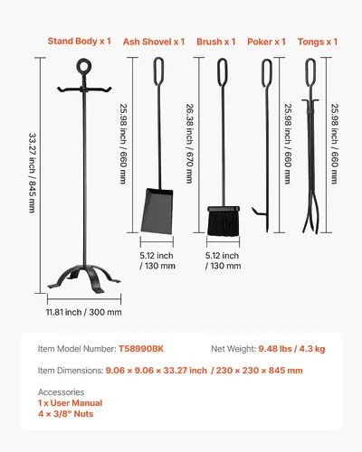 Miniatura 7 de VEVOR Cubo de ceniza, 4 piezas con tapa, pala, escoba y guantes, cubo de carbón de metal para chimenea y lata de cenizas, 4 galones de gran