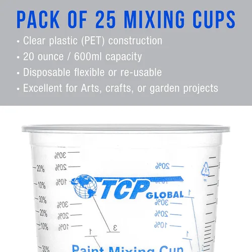 Miniatura 4 de TCP Global Vasos mezcladores de plástico graduados de 20 onzas (20.3 fl oz), caja de 25 con 25 varillas de mezcla, vasos medidores de plástico
