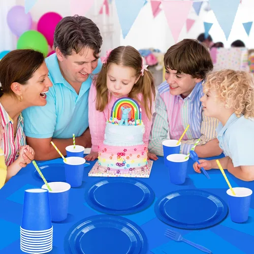 Miniatura 6 de Juego de 229 piezas de suministros azules para fiestas, platos desechables de papel, vasos, cucharas de plástico, tenedores, cuchillos, servilletas
