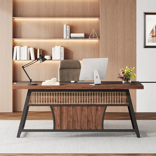Miniatura 4 de Escritorio ejecutivo de 63 pulgadas con estante de almacenamiento, escritorio grande de oficina en casa con marco de metal y luz LED, escritorios