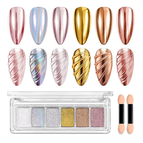 Beetles - Polvo cromado para uñas, 6 colores, efecto espejo, dorado, plateado, blanco perla, polvo para uñas, pigmento sólido, holográfico, aurora,