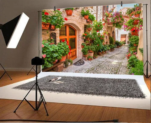 Miniatura 2 de Leyiyi Telón de fondo de flores de primavera de 9 x 6 pies con diseño de aliados de pueblo italiano, flores, arquitectura medieval, vacaciones