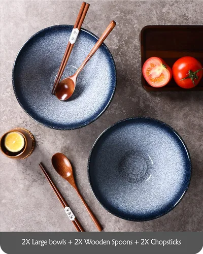 Miniatura 3 de Lareina Tazones de cerámica japoneses para ramen, 2 juegos (6 piezas) de 60 onzas, tazón grande para sopa de fideos con palillos y cucharas a juego