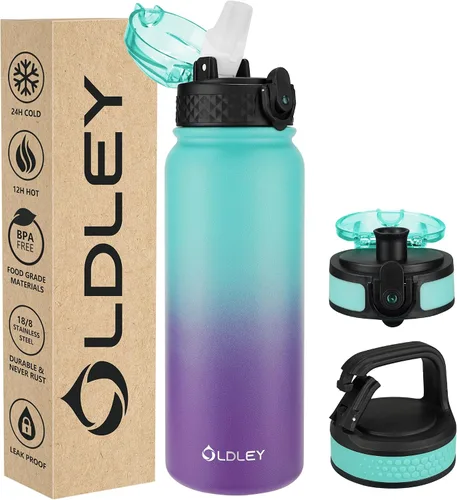 Miniatura 24 de Botella de agua aislada Oldley de 12 oz con pajita, botella de agua de acero inoxidable con 2 tapas, botellas de doble pared con vacío para adultos