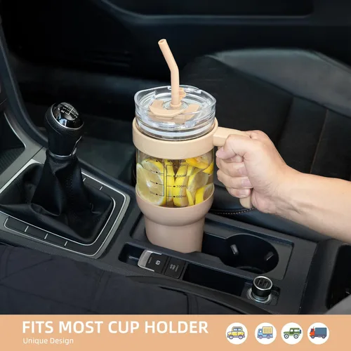 Miniatura 8 de chunmo Vaso de vidrio de 40 onzas con 2 tapas, tapa de popote de bambú y tapa para popote 2 en 1 para sorber y voltear, taza de café helado con asa