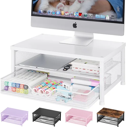 Miniatura 21 de OPNICE - Organizadores y accesorios de escritorio, con soporte de monitor de computadora de 2 niveles, cajón y 2 soportes para bolígrafos, Roble