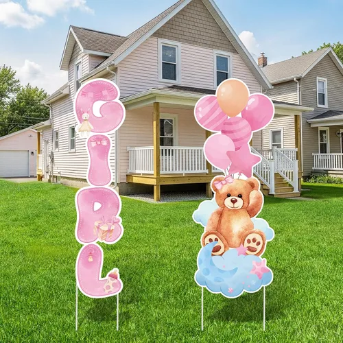 Miniatura 13 de 2 juegos de letreros de plástico para baby shower con estacas, decoraciones al aire libre para revelación de género, azul y rosa, letrero de patio