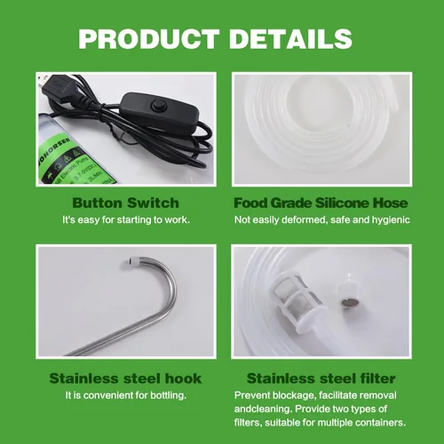 Miniatura 6 de Bomba autocebante eléctrica portátil con sifón automático USB para embotellar vino, cerveza y kombucha, bomba de transferencia de agua de grado