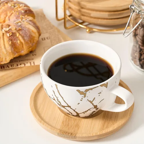 Miniatura 6 de LUKA Juego de 4 tazas de café expreso Demitasse de cerámica con platillos y soporte de metal, tazas de capuchino apilables de porcelana de 8 onzas