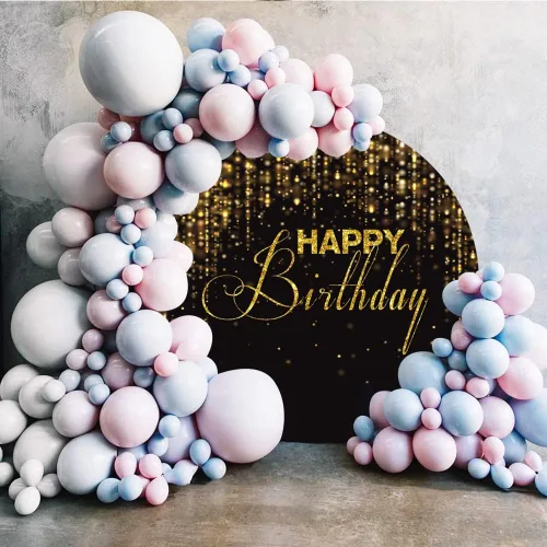 Miniatura 3 de Leyiyi Telón de fondo redondo de feliz cumpleaños de 3 x 3 pies con purpurina negra y dorada Bokeh, fondo de fotografía con lentejuelas brillantes