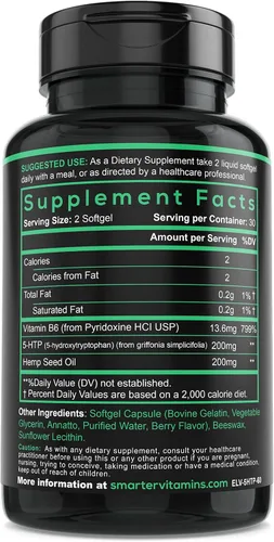 Miniatura 4 de SmarterVitamins 200 mg 5-HTP + vitamina B6, liberación prolongada, 60 cápsulas blandas, 30 porciones