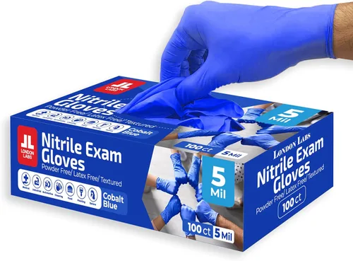London Labs Guantes de Examen de Nitrilo Azul Cobalto de 5 Mil Desechables Sin Látex | Guantes de Goma Médicos para Doctores, EMT, Botiquín de