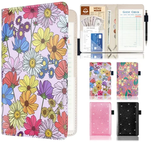 Libreta de servidor con 2 bolsillos con cremallera, cubierta floral de cuero, organizador de libros para camarera, bonita cartera de dinero con