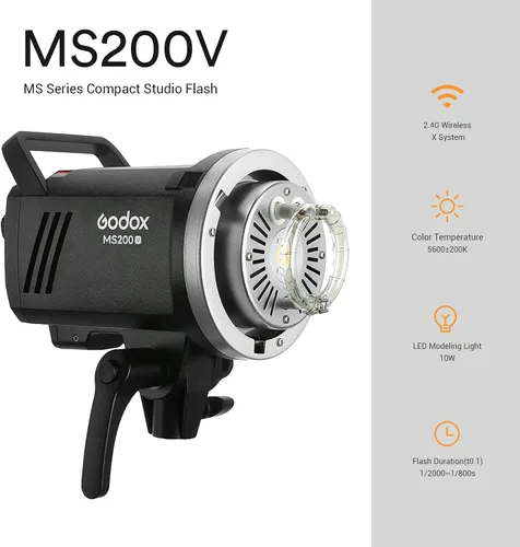 Miniatura 2 de Godox MS200V MS200-V - Luz estroboscópica de estudio, 200W 110V 2.4G Flash de fotografía compacta, lámpara de modelado LED de 10W, monolight