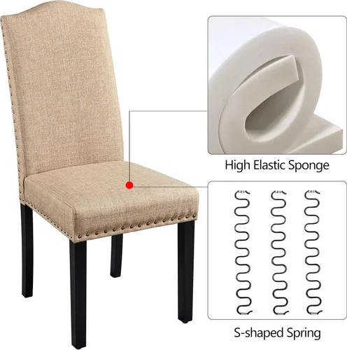 Miniatura 6 de Yaheetech Juego de 4 sillas de comedor tapizadas de tela moderna con patas de madera maciza y adornos de cabeza de clavo para cocina, sala de estar