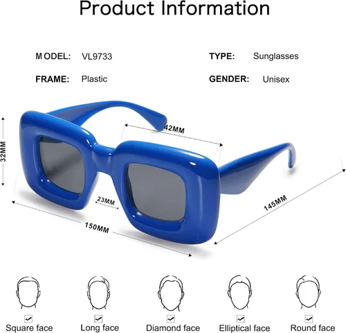 Miniatura 4 de VANLINKER Lindas gafas de sol cuadradas infladas para mujeres y hombres, gafas gruesas retro con marco grueso divertido máscara sombras VL9733