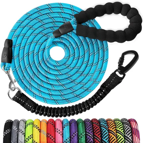 Miniatura 29 de Correa de perro de cuerda de 3 pies: correa resistente con gancho giratorio bloqueable, hilos reflectantes, bungee y asa acolchada - Correa