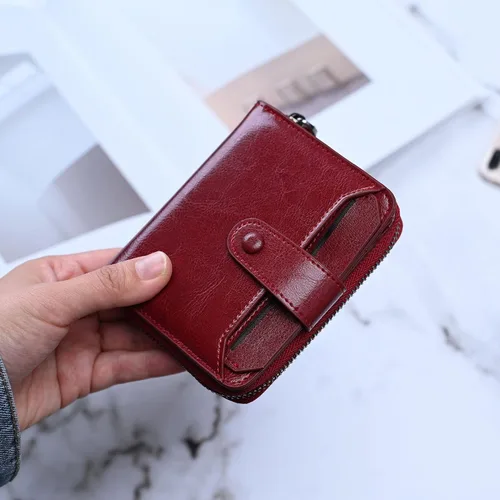 Miniatura 2 de Carteras pequeñas para mujer, con bloqueo RFID, de cuero, con cremallera, bolsillo para monedas, tarjetero, con ventana de identificación, Rojo vino