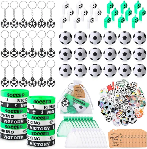 Hungdao 158 piezas de recuerdos de fiesta de fútbol para 18 niños, incluye mini llavero de fútbol animoso, pulseras de silbato, calcomanías para