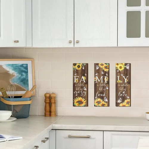 Miniatura 6 de Yookeer 3 piezas de girasol inspirador decoración de pared para cocina, girasol, mariposa, regalo de pared, decoración de pared familiar de madera