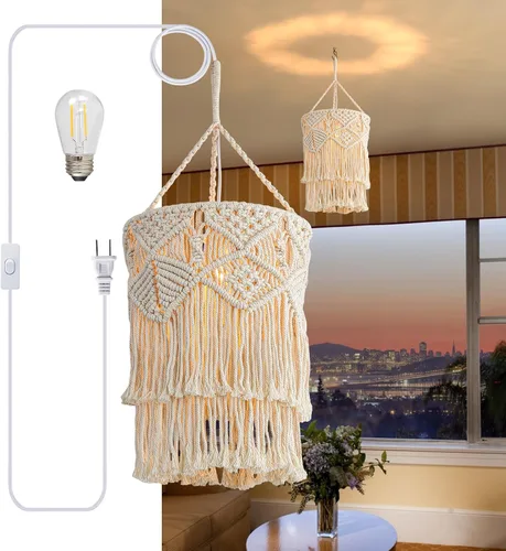 Miniatura 11 de Bioaqua Pantalla de Lámpara Boho, Lámpara Colgante Boho Hecha a Mano Pantalla de Lámpara de Macramé con Enchufe Luz Colgante, Luces Colgantes Type3