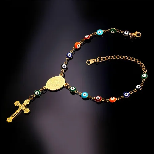 Miniatura 3 de U7 Collar de rosario de acero inoxidable para hombre y mujer, con cruz de ojo malvado