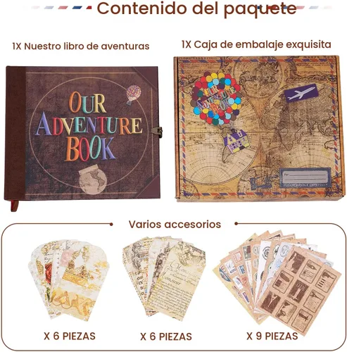 Miniatura 6 de JIMBON Nuestro libro de aventuras álbum de recortes de fotos estilo retro con tapa de letras en relieve diario de viaje, kit de libro de recortes