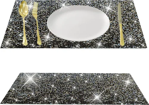 Miniatura 48 de Juego de 1 mantel individual redondo en negro, manteles individuales brillantes resistentes al calor, lavables, para cena, cocina, boda, decorativos