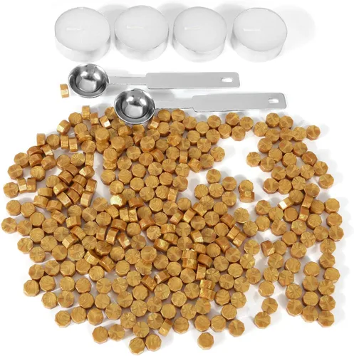 Miniatura 2 de Yoption 300 cuentas de cera octágono con 4 velas y 2 cucharas de fusión para sello de cera (dorado)