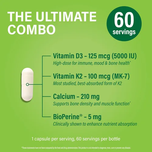 Miniatura 3 de Noophoric Vitamina D3 K2 5000 UI, D3 con K2 MK7, cápsulas de vitamina D3 K2 con calcio y bioperina, sin OMG, sin gluten, sin soja, 60 cápsulas