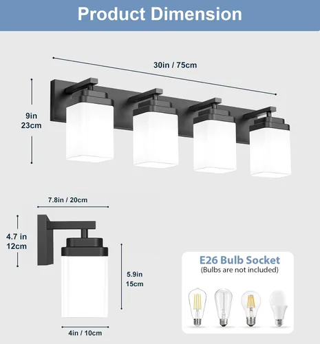 Miniatura 2 de Lámparas de baño de oro cepillado, 4 luces de baño sobre el espejo, diseño cuadrado y placa trasera grande rectangular, accesorios de iluminación