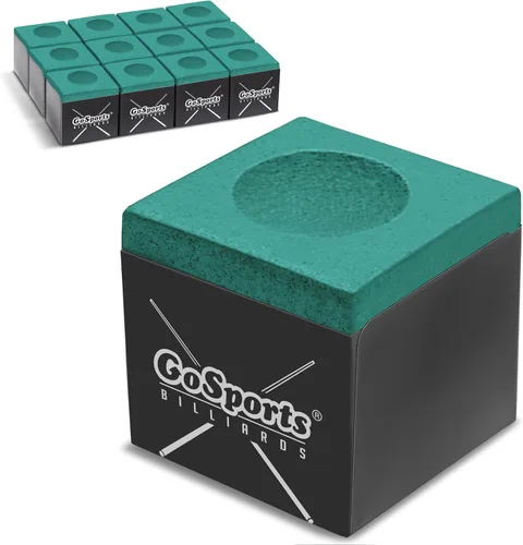 GoSports Premium Tiza para Billar en Cubo, 12 Unidades - Negro, Azul, Rojo o Verde - Tiza para Tacos de Billar