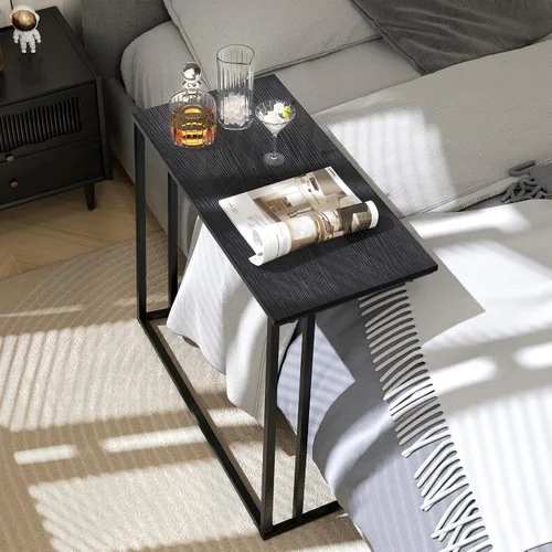 Miniatura 4 de Mesa auxiliar en forma de C, moderna mesa auxiliar con marco de metal, diseño que ahorra espacio para sala de estar, mesa de sofá de superficie Negro