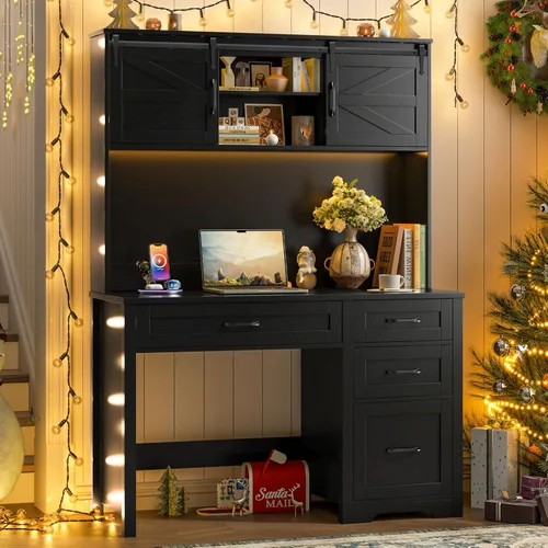 Miniatura 21 de Escritorio ejecutivo Farmhouse de 67" de altura con estante superior, escritorio de oficina con 4 cajones y luz LED, mesa de computadora con Gris