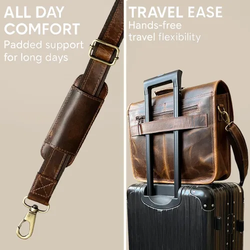 Miniatura 5 de RUSTIC TOWN Bolso bandolera de cuero para hombre – Maletín de cuero de grano completo para laptop, bolsa de viaje cruzada de oficina Marrón