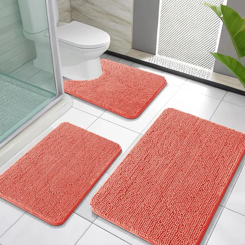 Miniatura 28 de OLANLY Juego de Alfombras de Baño de 3 Piezas, Tapetes de Baño de Chenilla Suave y Absorbente y Alfombra de Contorno en Forma de U para Inodoro