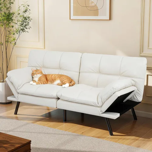 Miniatura 14 de Opoiar Sofá cama tipo futón de cuero negro convertible con espuma viscoelástica, juego de futón plegable y moderno para estudio, Drom, apartamento