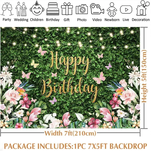 Miniatura 3 de Avezano Greenery - Telón de fondo de feliz cumpleaños con flores y césped verde para pared, para mujeres y niñas, fiesta de cumpleaños, fotografía