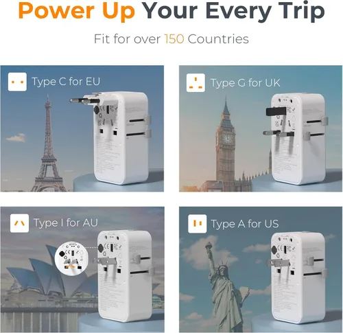 Miniatura 2 de TESSAN Adaptador de viaje universal de 70 W, adaptador de corriente internacional ultrafino con 4 puertos USB (3 USB C), adaptador de enchufe Gris