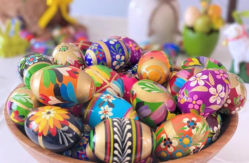 Miniatura 4 de Huevos de madera pintados a mano de Pascua polacos (Pisanki) Huevos decorativos para Pascua, juego de 6 huevos grandes