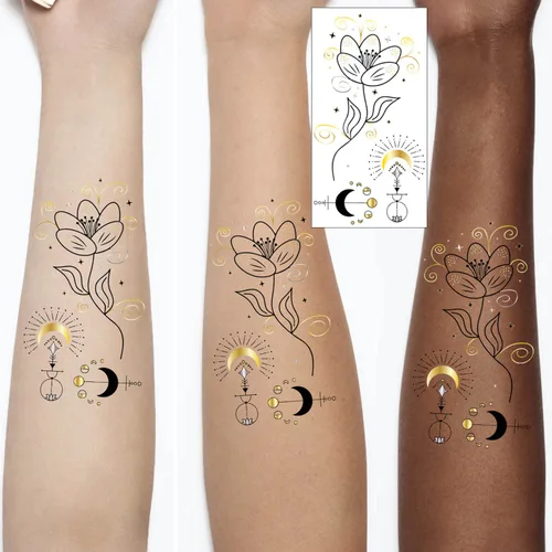 Miniatura 3 de Glaryyears Tatuaje temporal dorado metálico para mujeres adultas, paquete de 18 tatuajes realistas de tamaño pequeño de larga duración, paquete