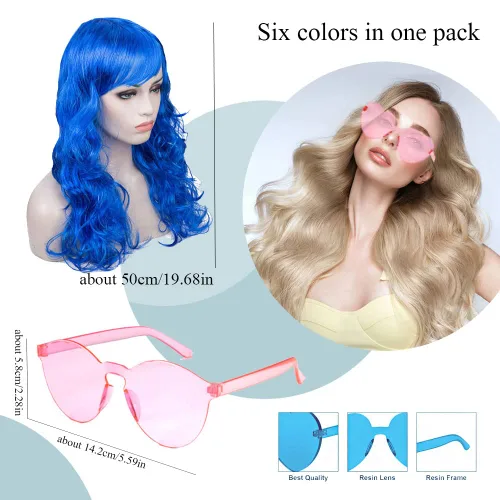 Miniatura 6 de DIYI Pelucas largas y coloridas, paquete de 6 pelucas onduladas para fiesta, pelucas de color rizado para mujeres, despedidas de soltera