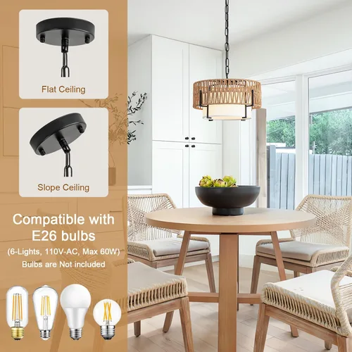 Miniatura 3 de Lámpara Colgante de Ratán, Candelabro Boho de 12.6" con Pantalla de Tela, Lámpara Colgante Estilo Granja Candelabro para Comedor, Sala de Estar