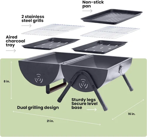 Miniatura 2 de AGG - Parrilla de carbón portátil – Combo de barbacoa y parrilla de mesa 2 en 1 – Mini parrilla compacta para camping, balcón y portón trasero
