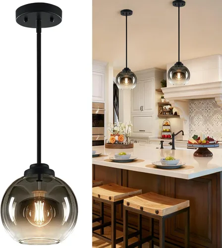 Miniatura 12 de Paquete de 2 luces colgantes de vidrio ajustable de 22 a 50 pulgadas de altura para isla de cocina, luces colgantes de globo dorado cepillado