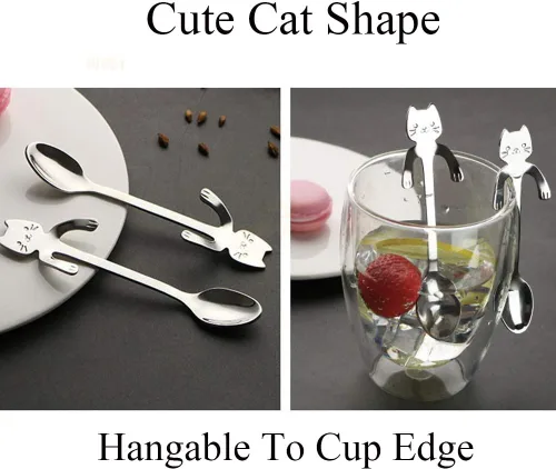 Miniatura 7 de Juego de 6 cucharas de té y café, de acero inoxidable, mini cucharas largas y lindas para gatito, para mezclar bebidas de postre (plateado)