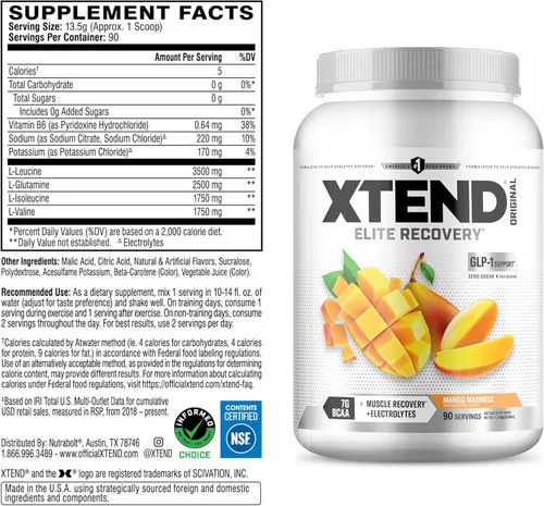 Miniatura 2 de XTEND Original BCAA - Polvo de Mango Madness Bebida de recuperación muscular post entrenamiento sin azúcar con aminoácidos 7g de BCAA