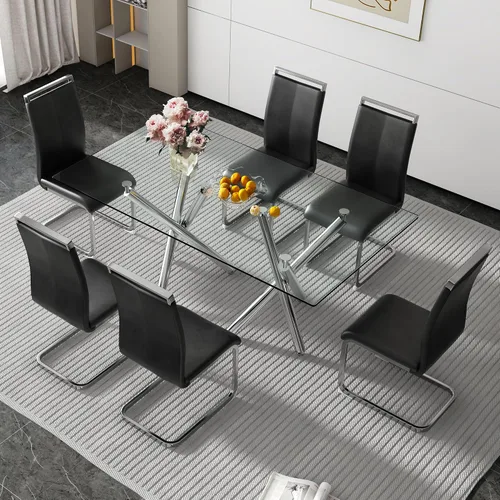 Miniatura 13 de Juego de 8 mesas de comedor de cristal, moderno juego de mesa de comedor de 71 pulgadas con 8 sillas de comedor tapizadas de piel sintética