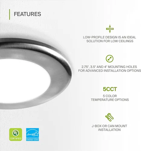 Miniatura 3 de ASD Paquete de 6 luces LED de disco de 4 pulgadas, 10 W 5CCT 2700K-5000K 685LM CRI90+, lámpara de techo regulable, disco de montaje en superficie