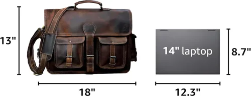 Miniatura 3 de Maletín de cuero para hombres y mujeres, bolso cruzado de cuero genuino marrón oscuro, bolsa de oficina para hombres y mujeres, 18 pulgadas